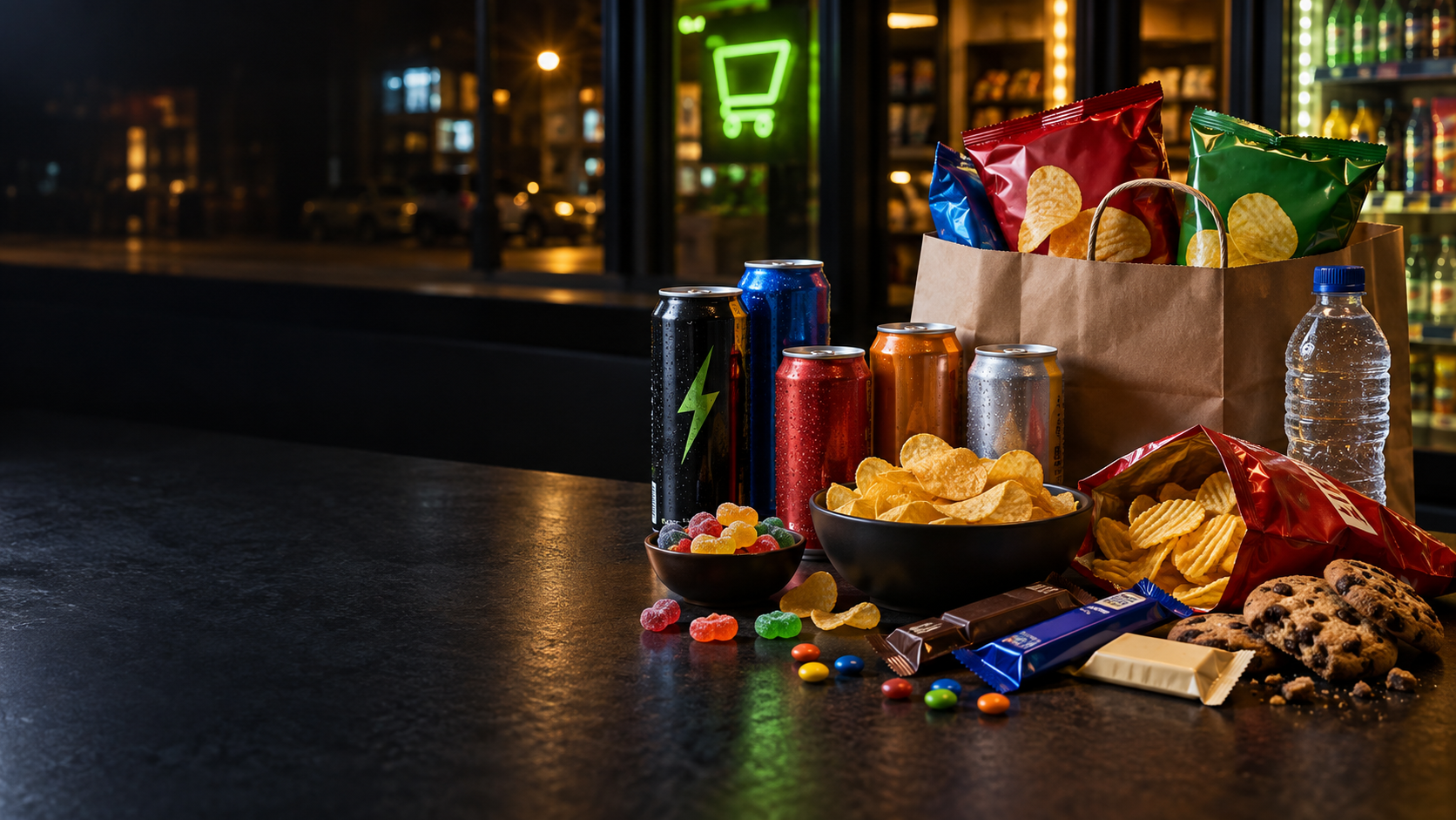 Koude drank, chips, snoep en koek voor een late craving